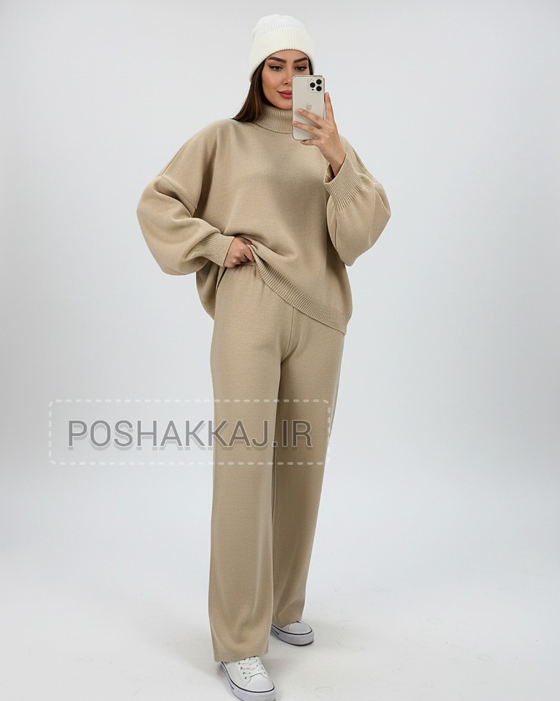 ست بافت زنانه لش یقه شل شلوار بگ کمر کش ساده کد 1886