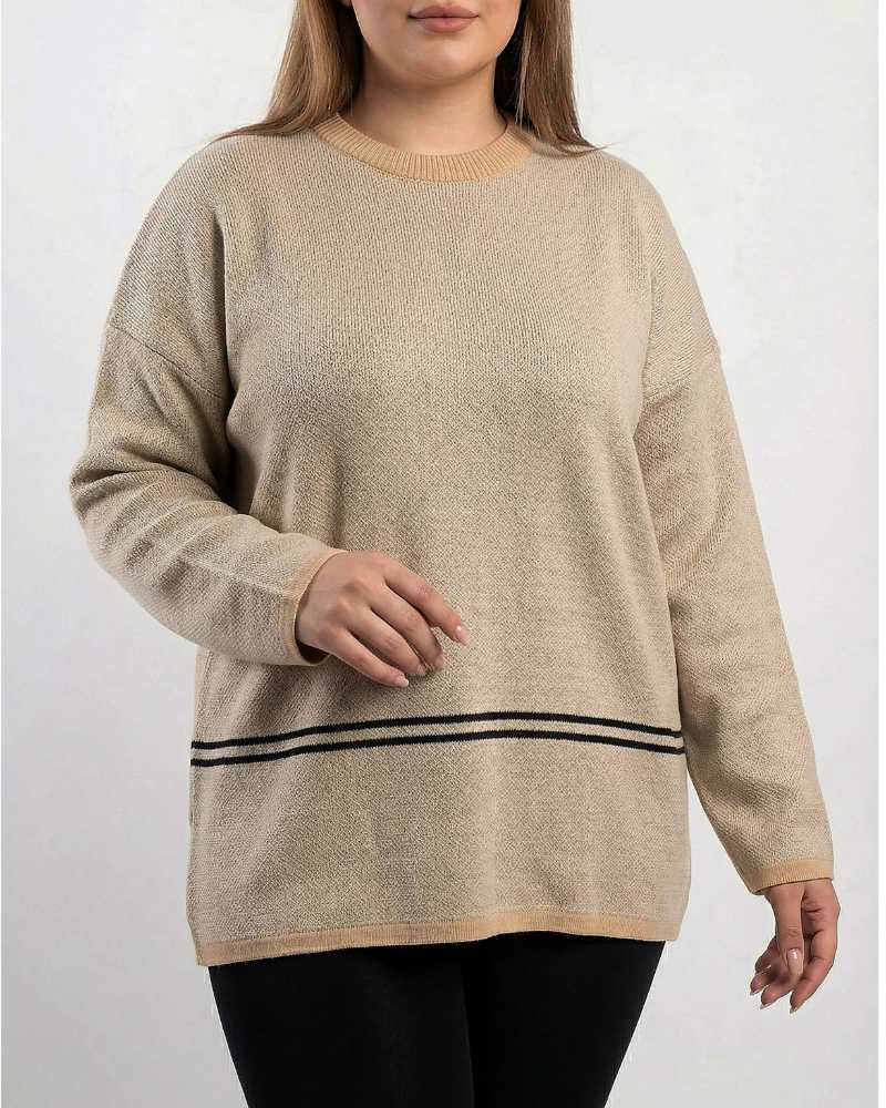 بلوز بافت زنانه سایز بزرگ پلاس پایین 2 خط یقه گرد آستین بلند کد 1912