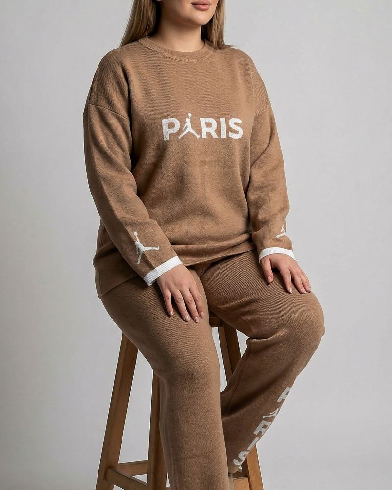 ست بافت زنانه بلوز شلوار نوشته پاریس paris یقه گرد آستین بلند کد 1951