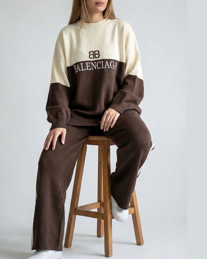 ست بافت بلوز شلوار دو رنگ گلدوزی نوشته بالنسیاگا یقه گرد آستین بلند زنانه کد1861