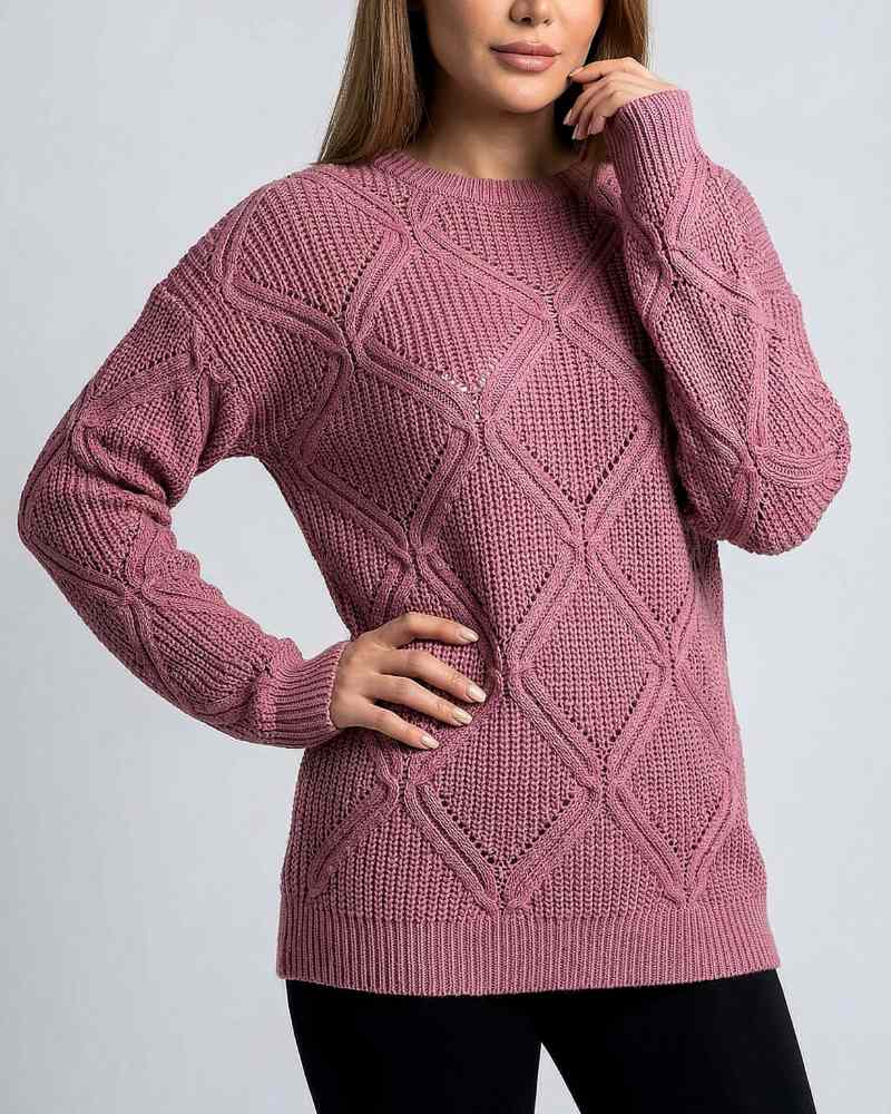 بلوز بافت زنانه آران بافی طرح لوزی های بزرگ یقه گرد آستین بلند جودان بافت کد 1898