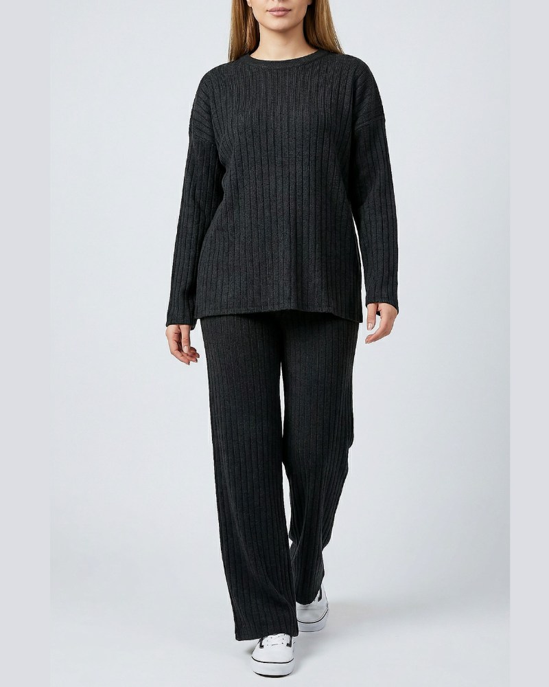 ست بافت بلوز شلوار ساده تک رنگ طرح ستونی یقه گرد آستین بلند زنانه کد 1768