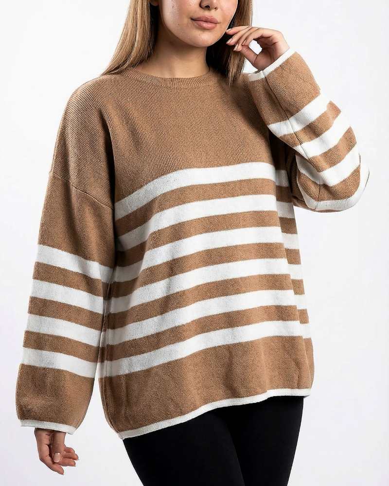 بلوز بافت زنانه قواره باکسی راه راه خط درشت آستین بلند کد 1960