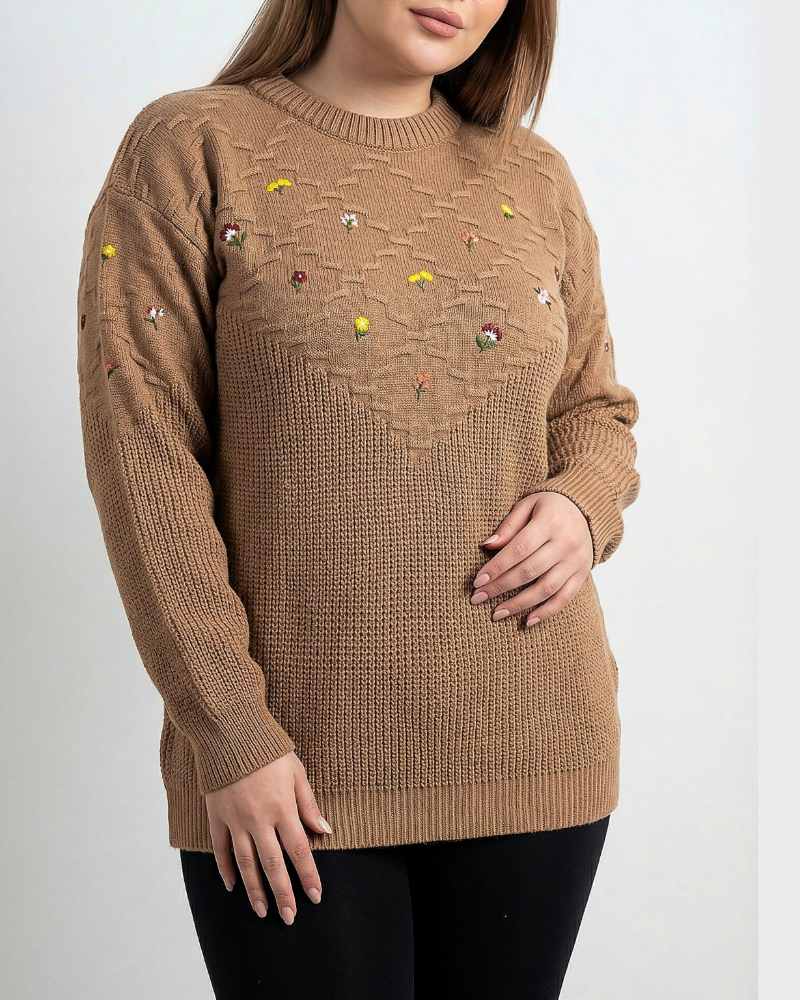 بلوز بافت زنانه سایز بزرگ پلاس گلدوزی جودان بافت یقه گرد کد 1956