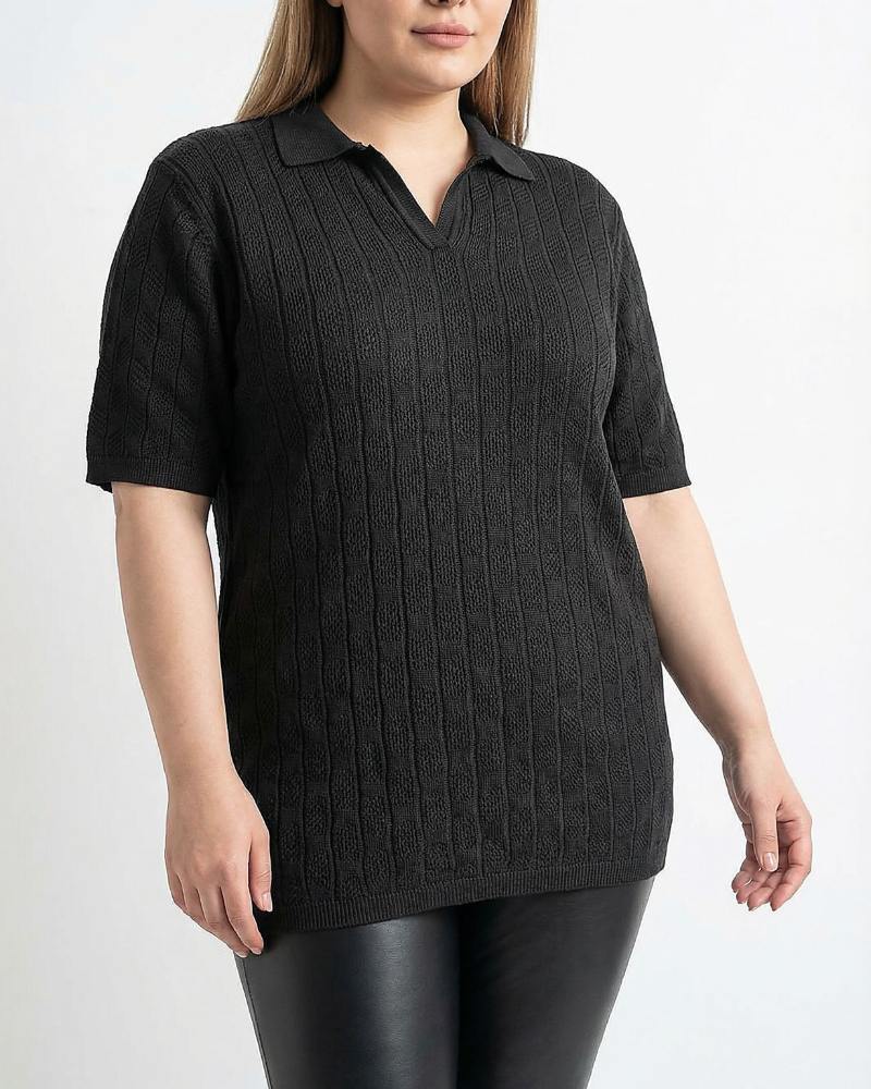 تیشرت زنانه یقه دار سایز بزرگ پلاس کش بافت طرح ذوزنقه ای کد 1988