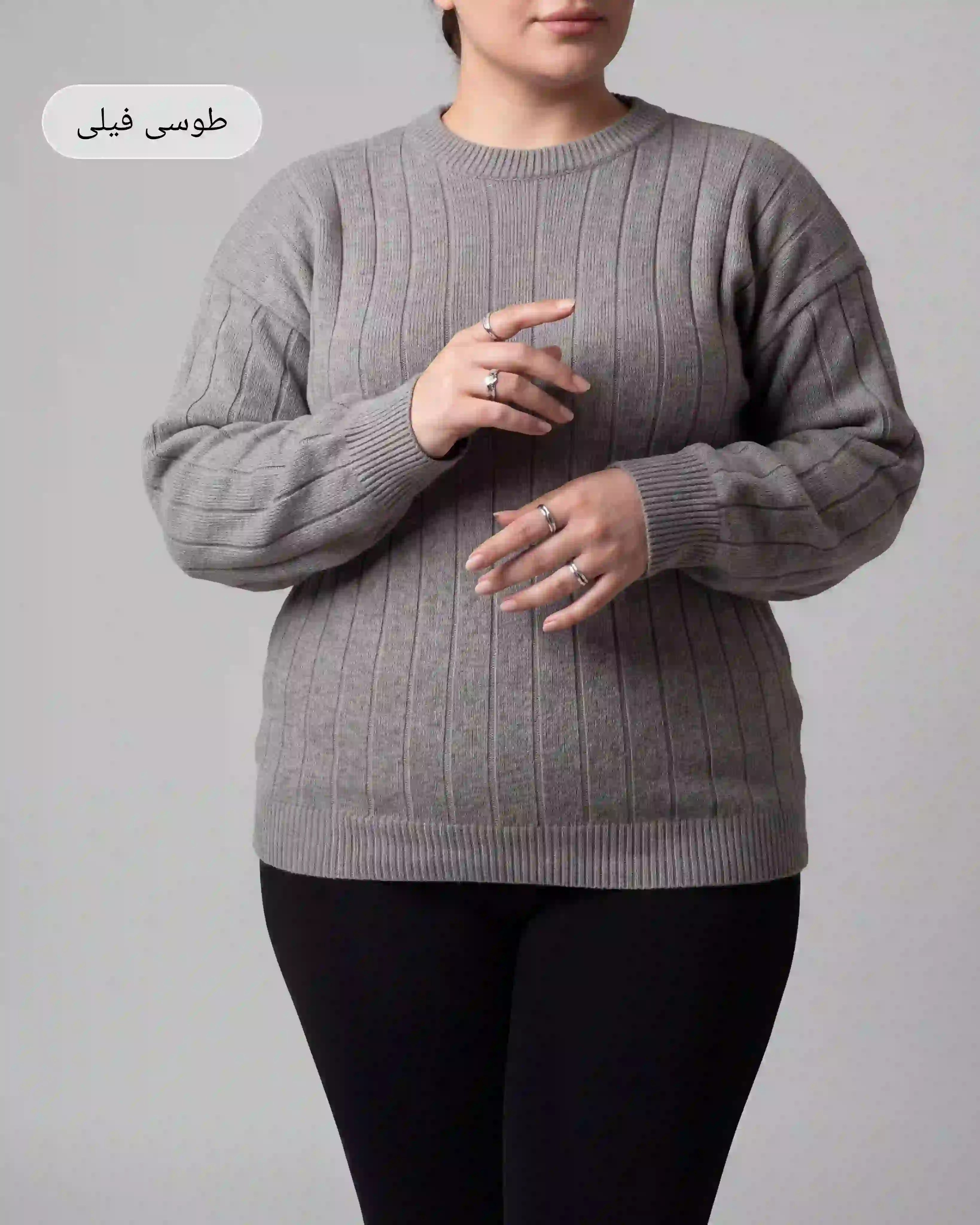 بلوز بافت سایز بزرگ پلاس یقه گرد طرح خطی آستین بلند کد 2063