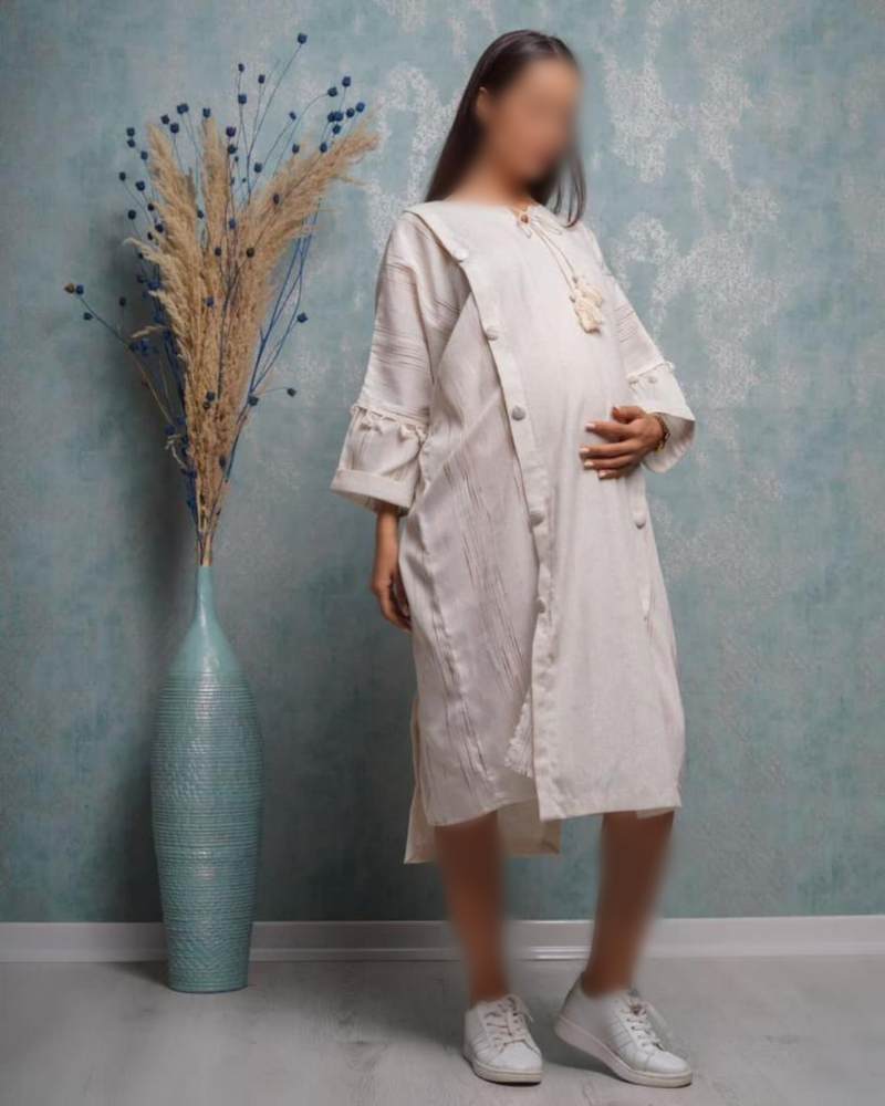 مانتو کفتان بلند بارداری پارچه لینن منگوله ای بزرگ سایز کد 1662