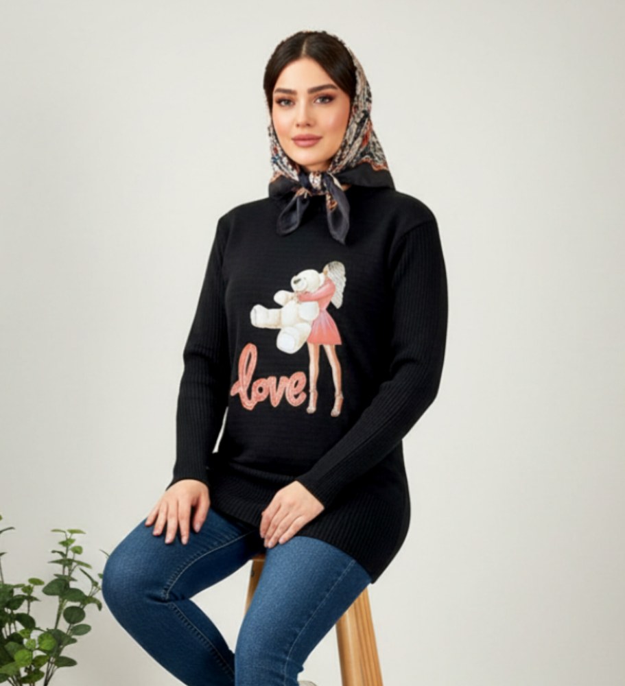 بلوز بافت گپ مشکی جلو چاپی یقه گرد زنانه آستین بلند کد 1186
