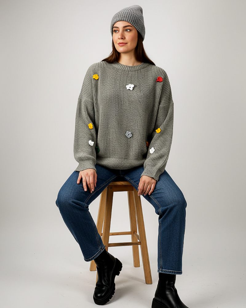 بلوز بافت زنانه لش جودان بافی آستین بلند یقه گرد خرج کار گل قلاب بافی کد 1871