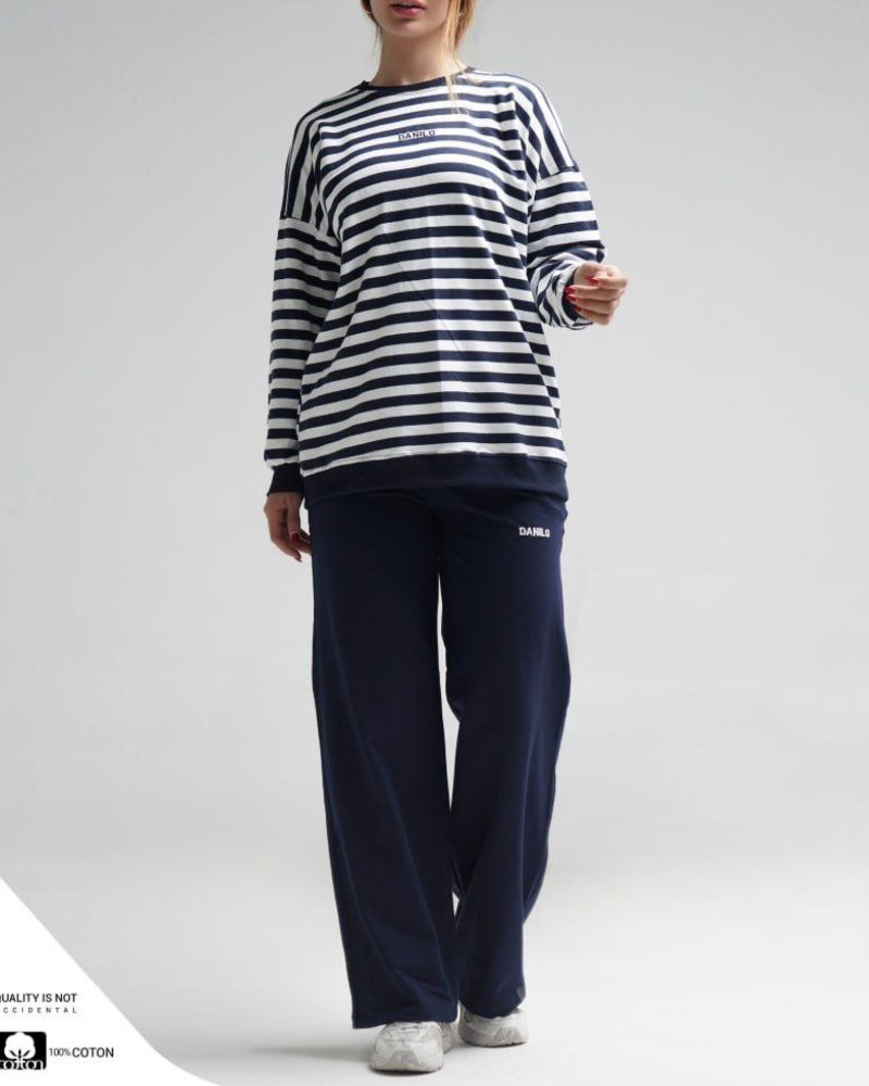 ست بلوز شلوار زنانه دورس پنبه آستین بلند یقه گرد راه راه و شلوار نیم بگ کد ۱۱۳۲