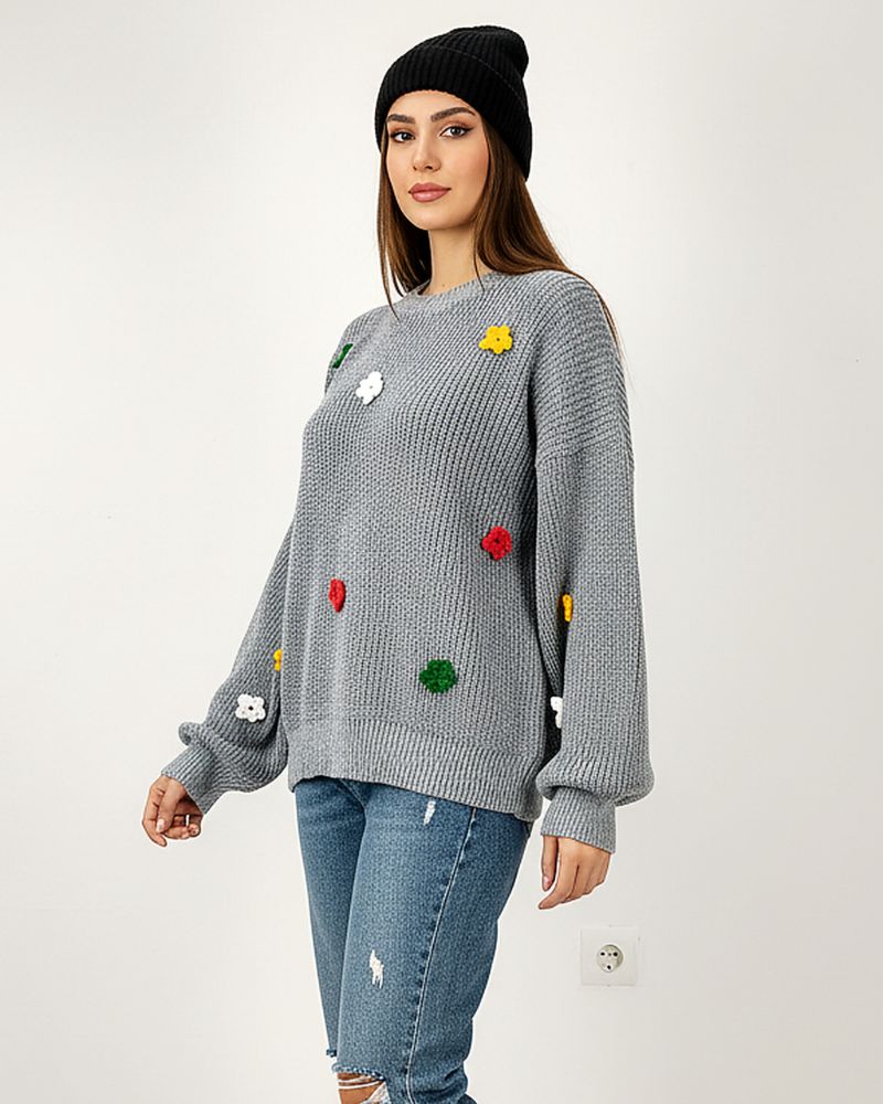 بلوز بافت زنانه لش جودان بافی آستین بلند یقه گرد خرج کار گل قلاب بافی کد 1871