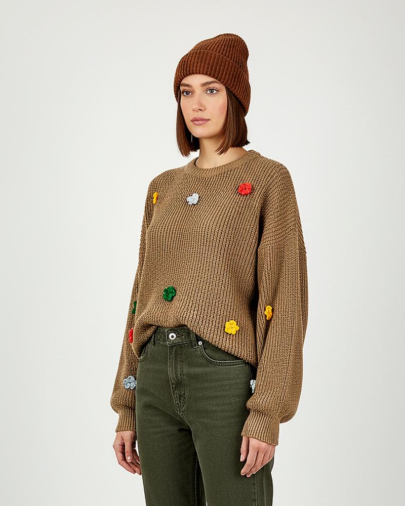 بلوز بافت زنانه لش جودان بافی آستین بلند یقه گرد خرج کار گل قلاب بافی کد 1871