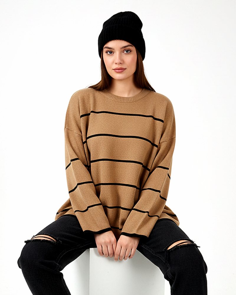 بلوز بافت زنانه پینترسی راه راه لش یقه گرد آستین بلند کد 1872