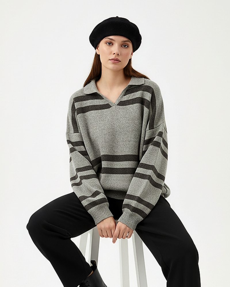 بلوز بافت زنانه یقه دار یقه هفت باکسی آستین بلند طرح دو خط دوبل کد 1870