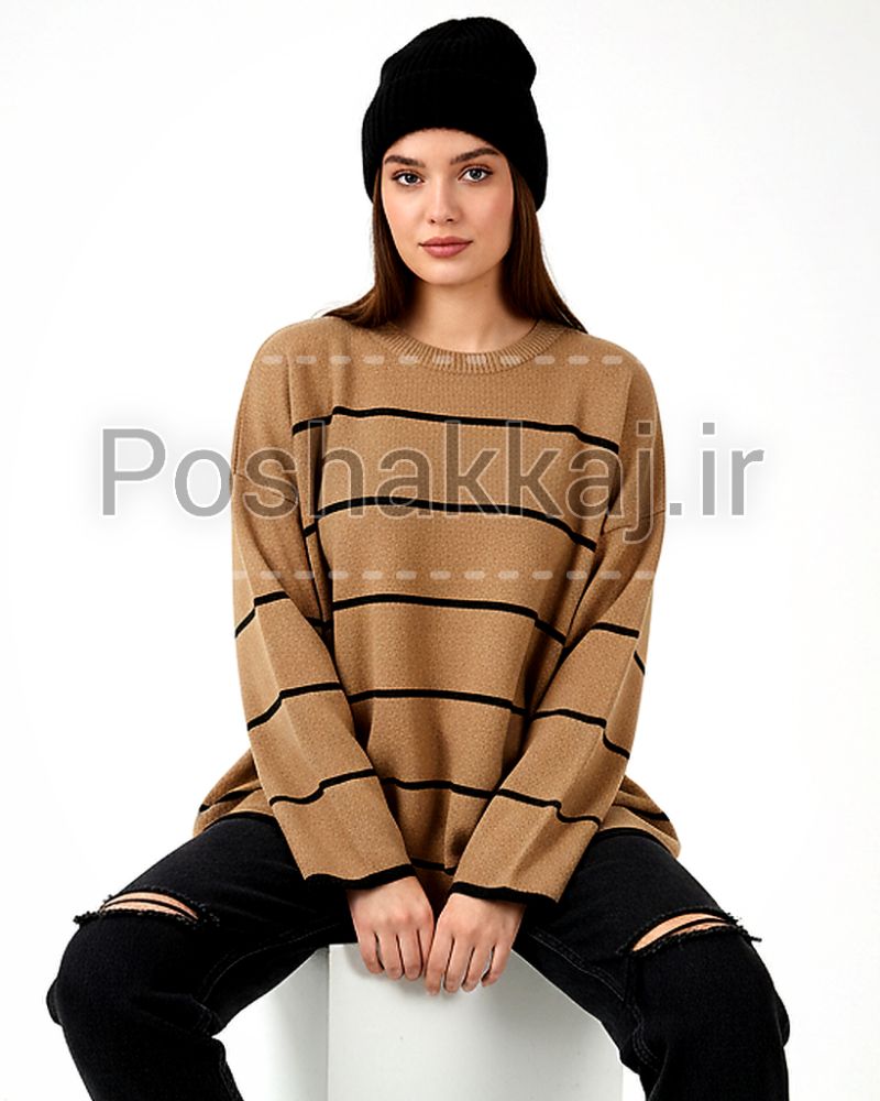 بلوز بافت زنانه پینترسی راه راه لش یقه گرد آستین بلند کد 1872