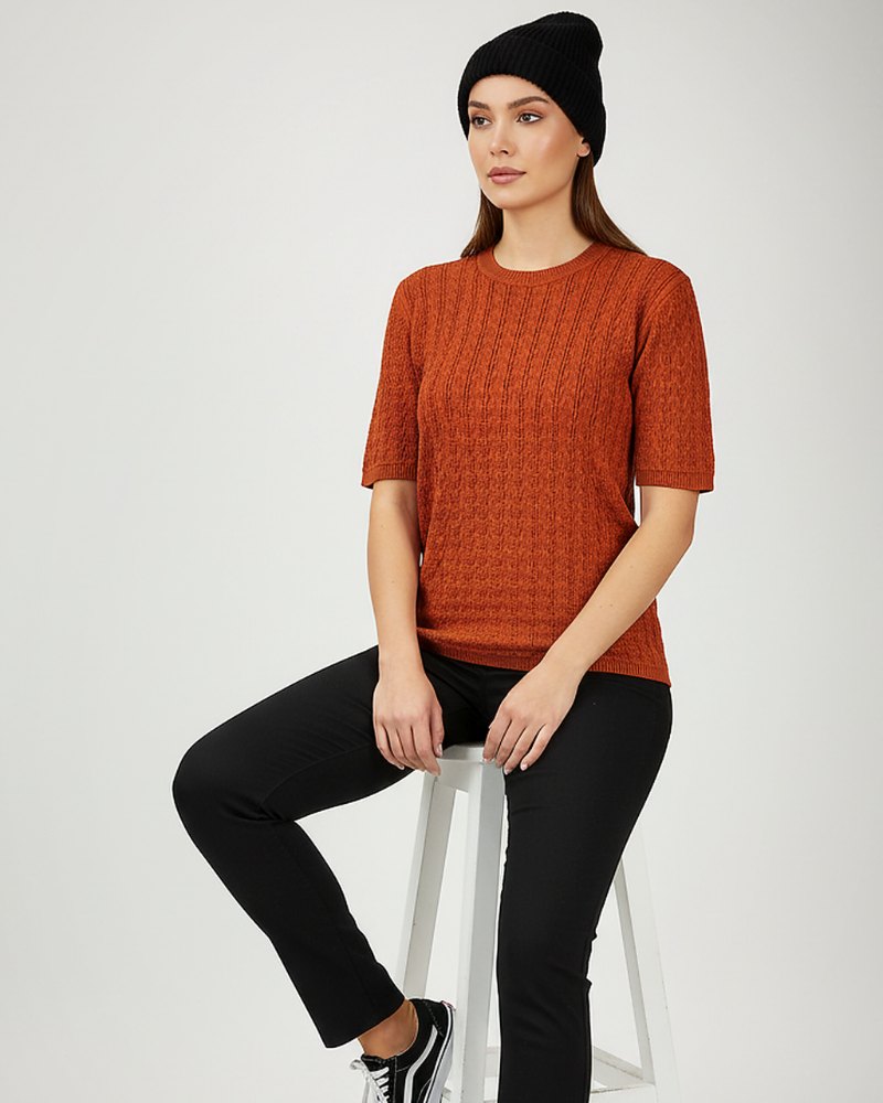 بلوز بافت زنانه آستین کوتاه کش بافت جناقی یقه گرد کد 1874