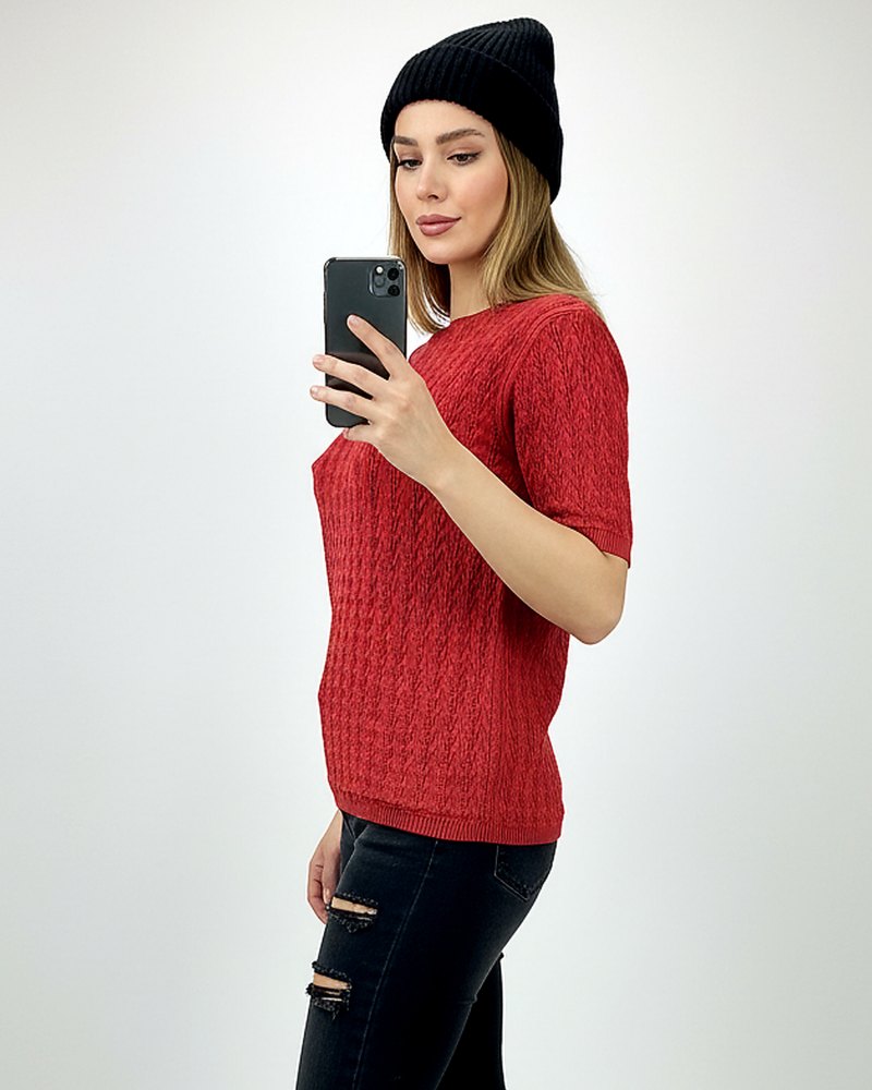 بلوز بافت زنانه آستین کوتاه کش بافت جناقی یقه گرد کد 1874