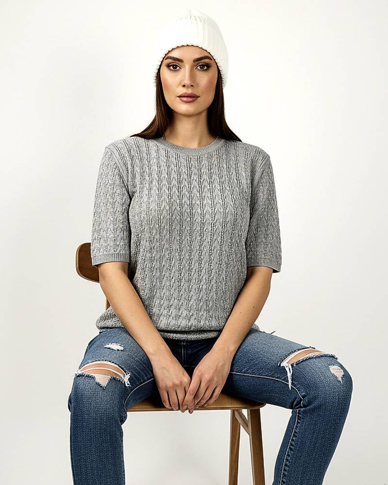 بلوز بافت زنانه آستین کوتاه کش بافت جناقی یقه گرد کد 1874