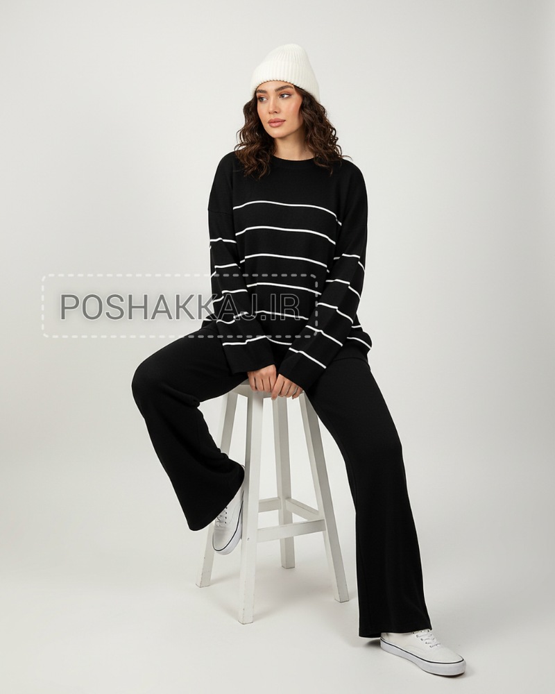 ست بافت راه راه ریز قواره باکسی آستین بلند با شلوار راسته گشاد ساده زنانه کد 1855