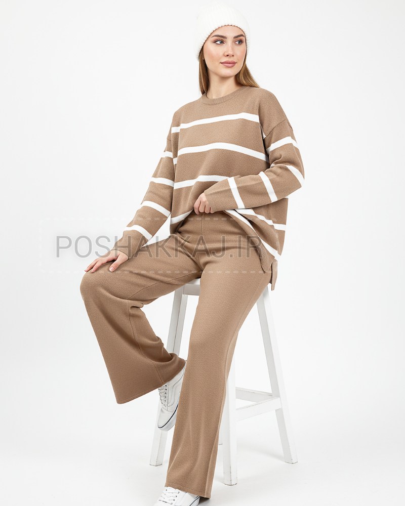 ست بافت بلوز شلوار کاراملی راه راه آستین بلند با شلوار کمرکش بگ ساده زنانه کد 1856