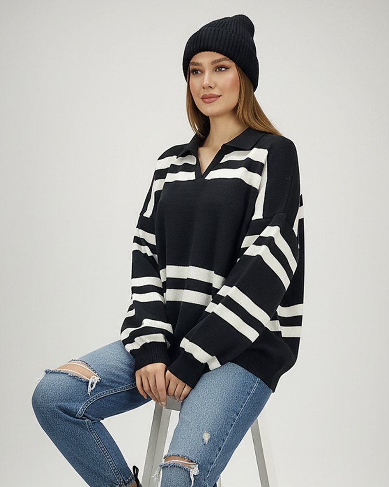 بلوز بافت زنانه یقه دار یقه هفت باکسی آستین بلند طرح دو خط دوبل کد 1870