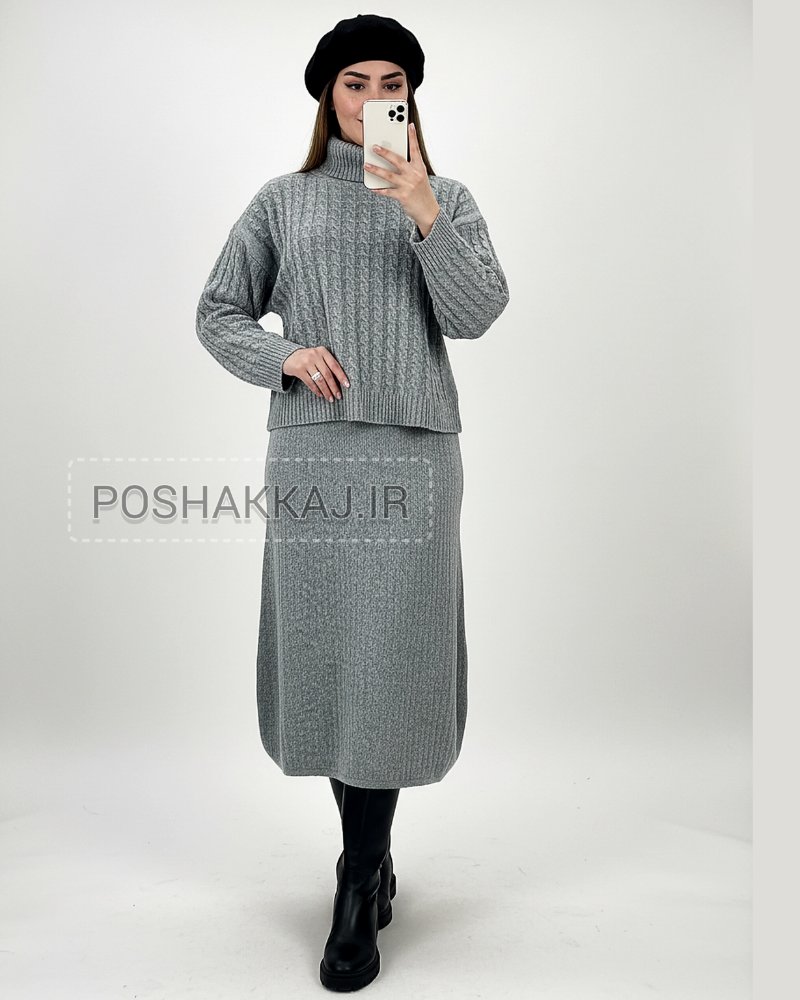 ست بافت سارافون و بلوز یقه اسکی زنانه طرح مارپیچ کد 1883