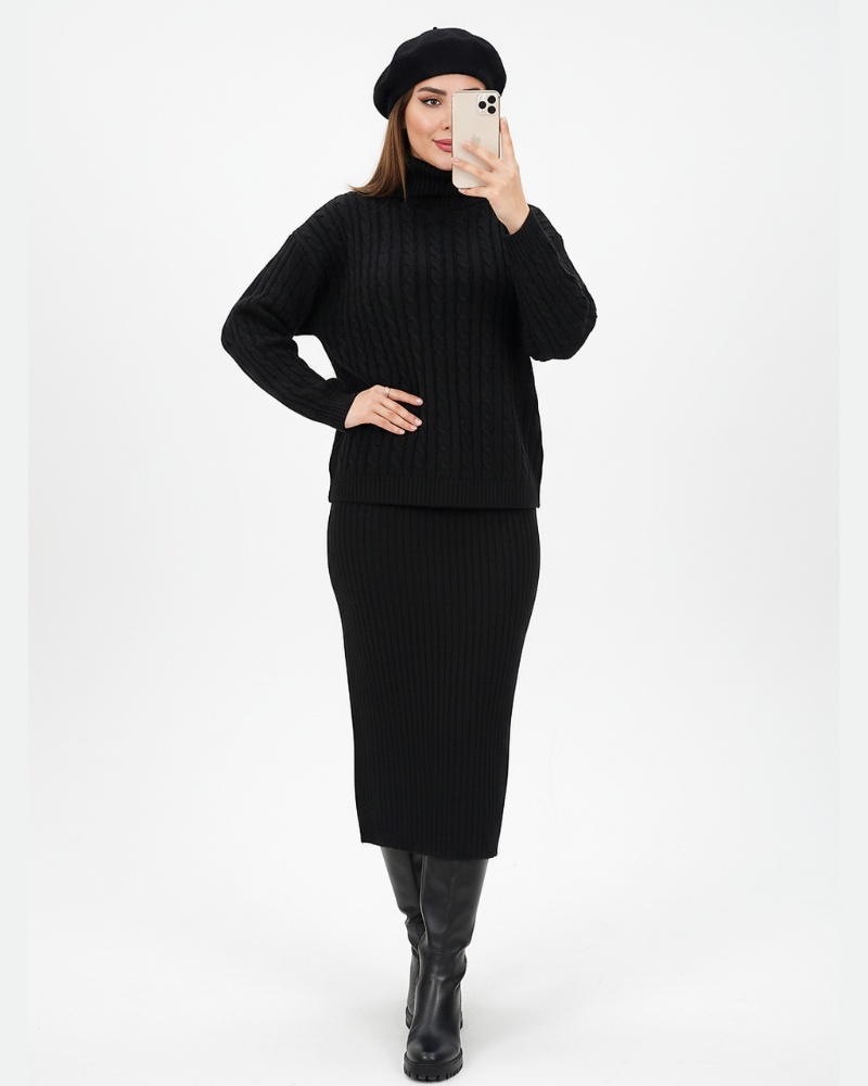 ست بافت سارافون و بلوز یقه اسکی زنانه طرح مارپیچ کد 1883