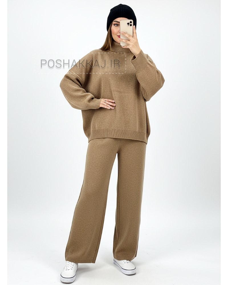 ست بافت زنانه لش یقه شل شلوار بگ کمر کش ساده کد 1886