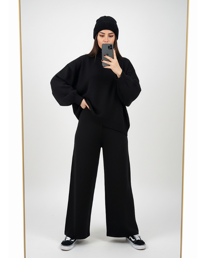 ست بافت زنانه لش یقه شل شلوار بگ کمر کش ساده کد 1886