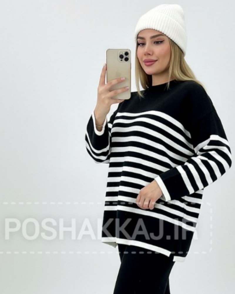 بلوز بافت زنانه راه راه دشت آستین بلند یقه گرد قد 75 کد1887