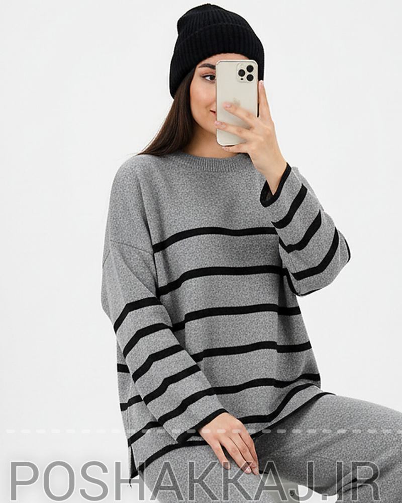 بلوز بافت زنانه راه راه دشت آستین بلند یقه گرد قد 75 کد1887