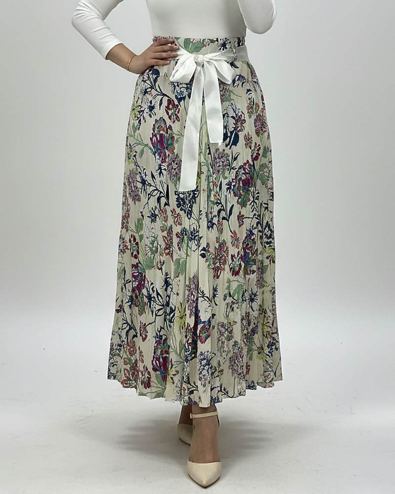 دامن نیم کلوش زنانه حریر نخ گل دار کمر روبان آستر دار وارداتی برند uzkaya کد 0150