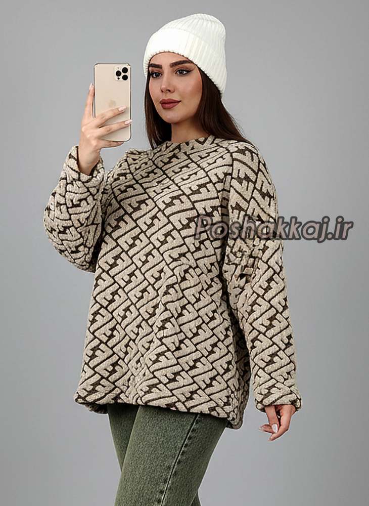 بلوز بافت زنانه ضخیم طرح فندی برجسته آستین بلند یقه گرد کش بافت کد 1891