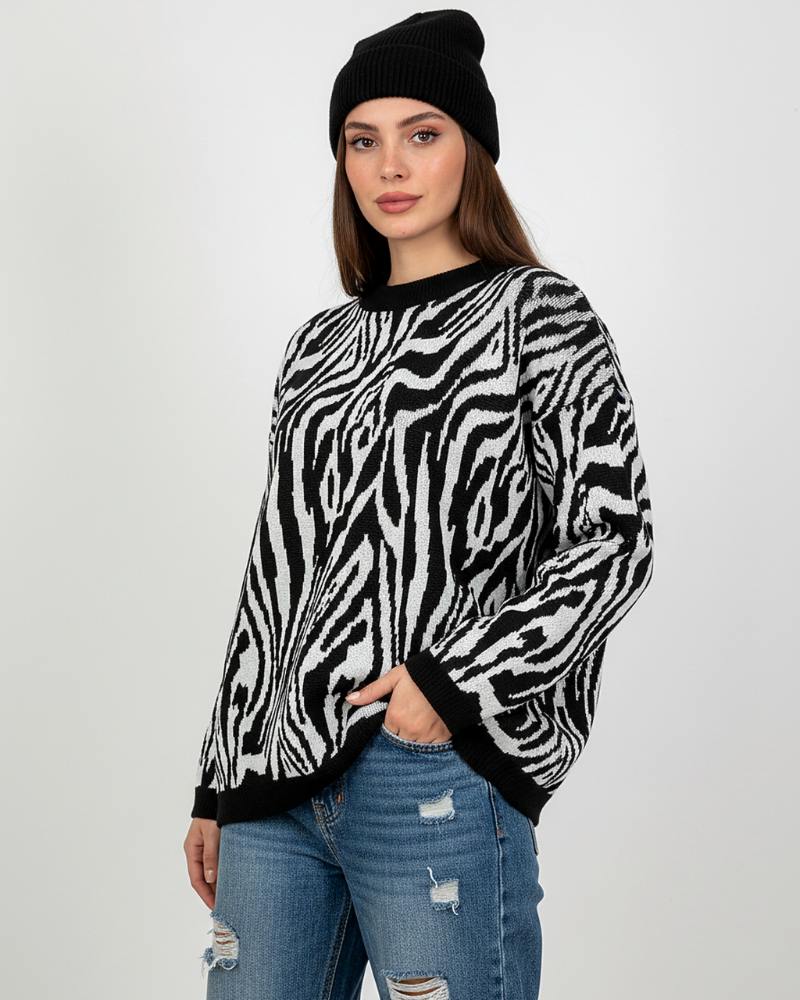 بلوز بافت زنانه طرح زبرا zebra یقه گرد آستین بلند ریز بافت کد 1879