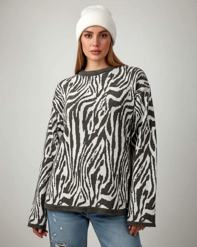 بلوز بافت زنانه طرح زبرا zebra یقه گرد آستین بلند ریز بافت کد 1879