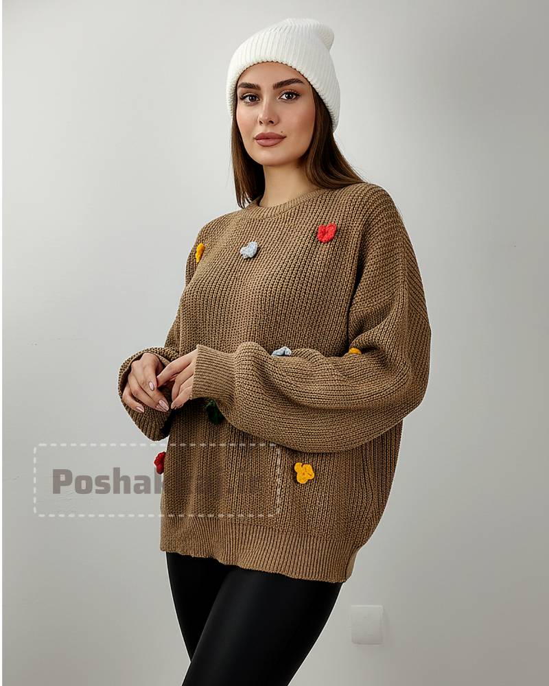 بلوز بافت زنانه لش جودان بافی آستین بلند یقه گرد خرج کار گل قلاب بافی کد 1871