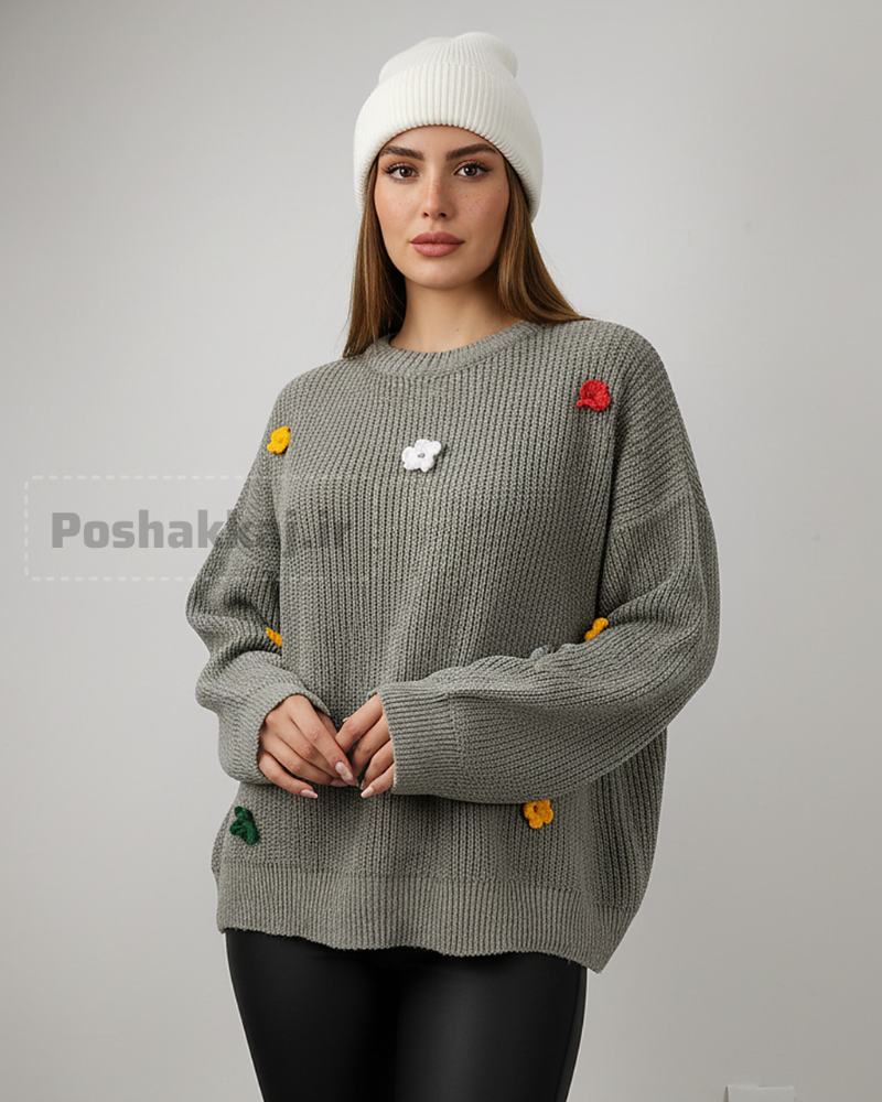 بلوز بافت زنانه لش جودان بافی آستین بلند یقه گرد خرج کار گل قلاب بافی کد 1871