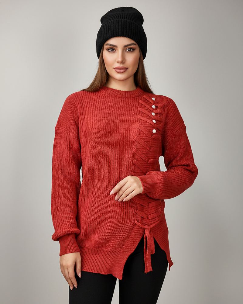 بلوز بافت یقه گرد جودان بافت آستین بلند یک طرف بند دار خرج کار مروارید زنانه کد 1574