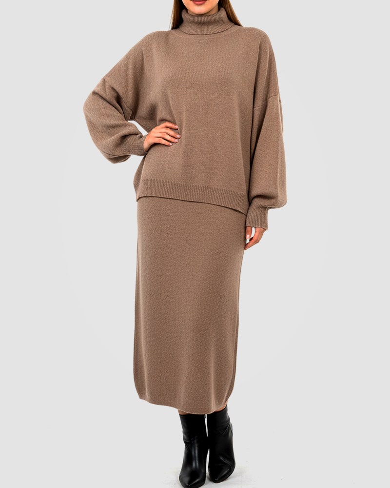 ست بافت زنانه بلوز دامن یقه اسکی لش آستین گشاد کد 1895