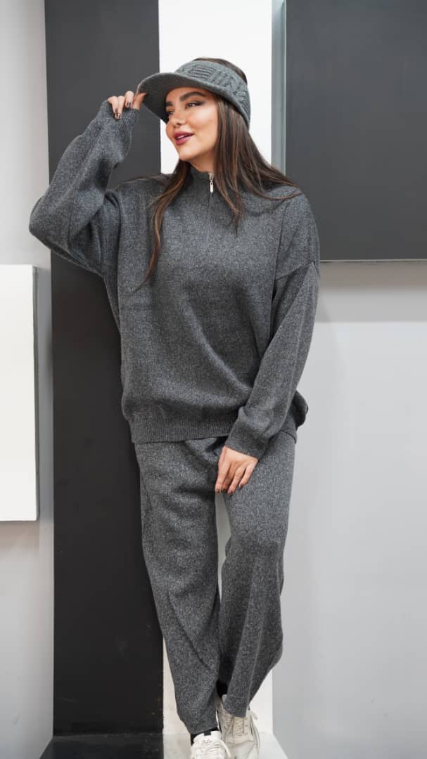 ست بافت زنانه نیم زیپ یقه ایستاده آستین بلند لش شلوار بگ ریز بافت کد 1902