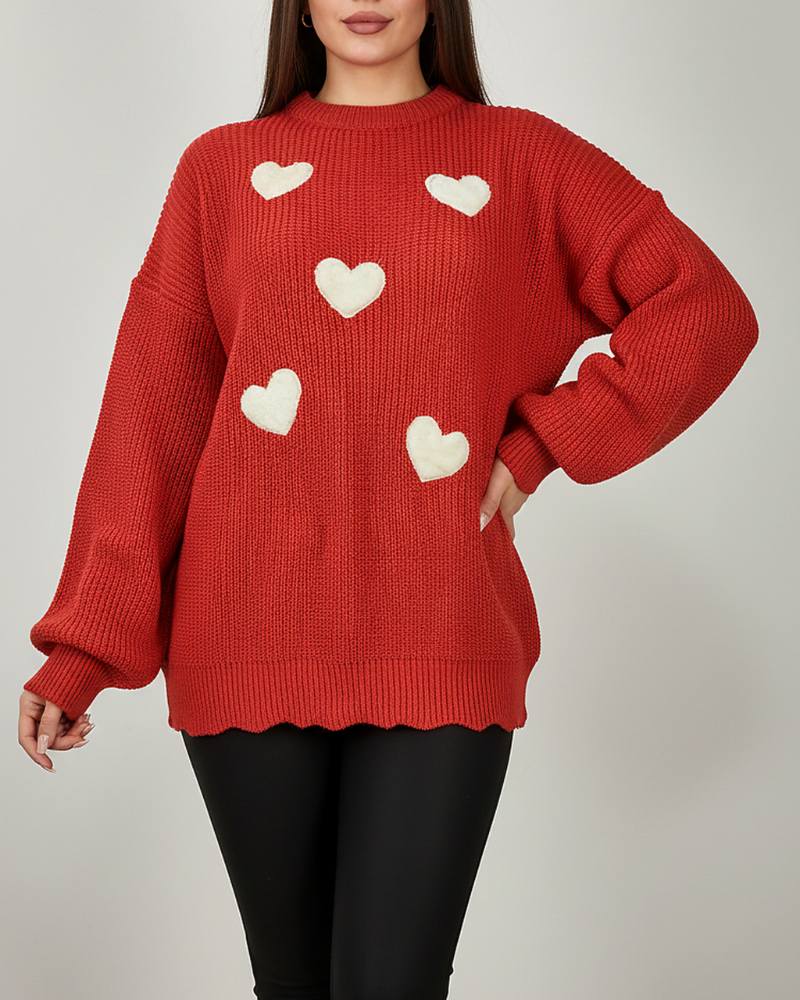 بلوز بافت قلبی زنانه لش آستین بلند یقه گرد جودان بافت با قلب‌های برجسته گلدوزی کد ۱۹۰۴