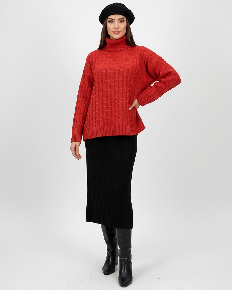 ست بافت سارافون و بلوز یقه اسکی زنانه طرح مارپیچ کد 1883