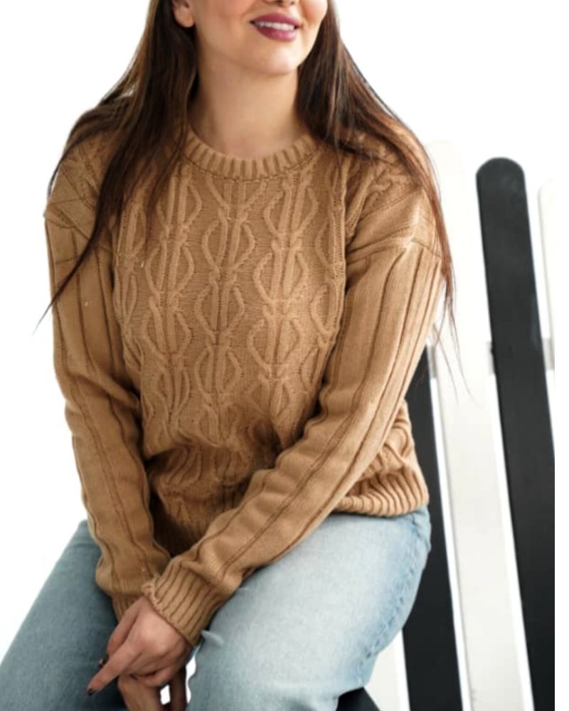 بلوز بافت زنانه آران بافی طرح گیس بافت آستین بلند یقه گرد آستین خطی کد 1906