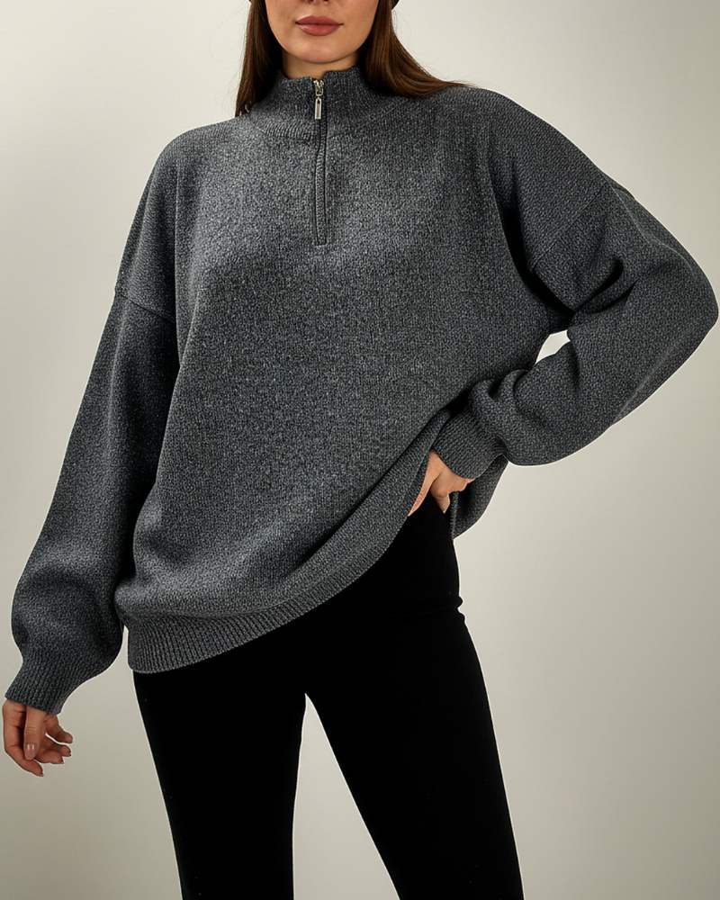 بلور بافت زنانه نیم زیپ یقه ایستاده لش آستین بلند ساده کد 1900