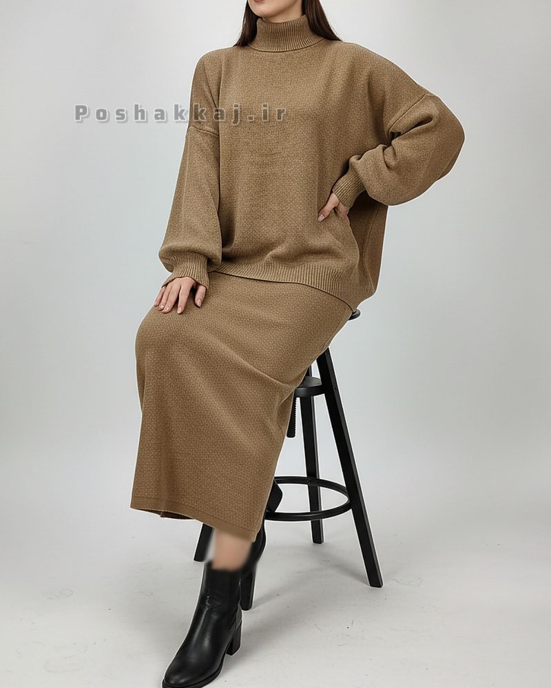 ست بافت زنانه بلوز دامن یقه اسکی لش آستین گشاد کد 1895