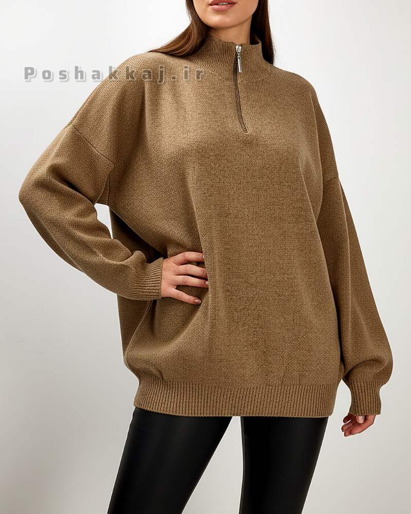 بلور بافت زنانه نیم زیپ یقه ایستاده لش آستین بلند ساده کد 1900