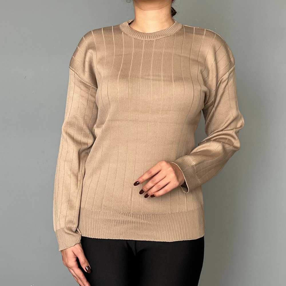 بلوز بافت ساده یقه گرد طرح ستونی آستین بلند زنانه کد 1745