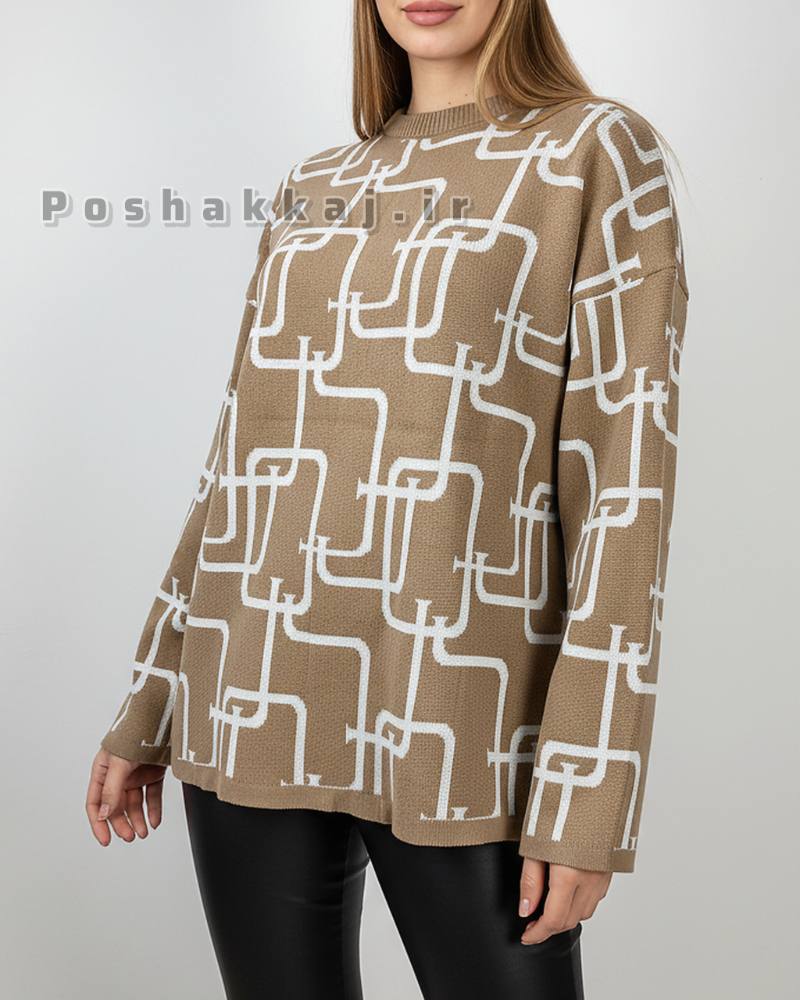 بلوز بافت زنانه طرح اشکال هندسی یقه گرد آستین بلند کد 1914