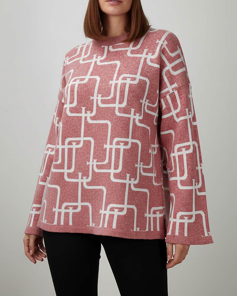 بلوز بافت زنانه طرح اشکال هندسی یقه گرد آستین بلند کد 1914