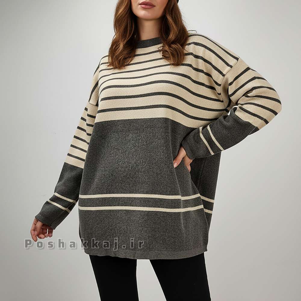 بلوز بافت زنانه لش بالا راه راه پایین دو خط آستین بلند یقه گرد کد 1915
